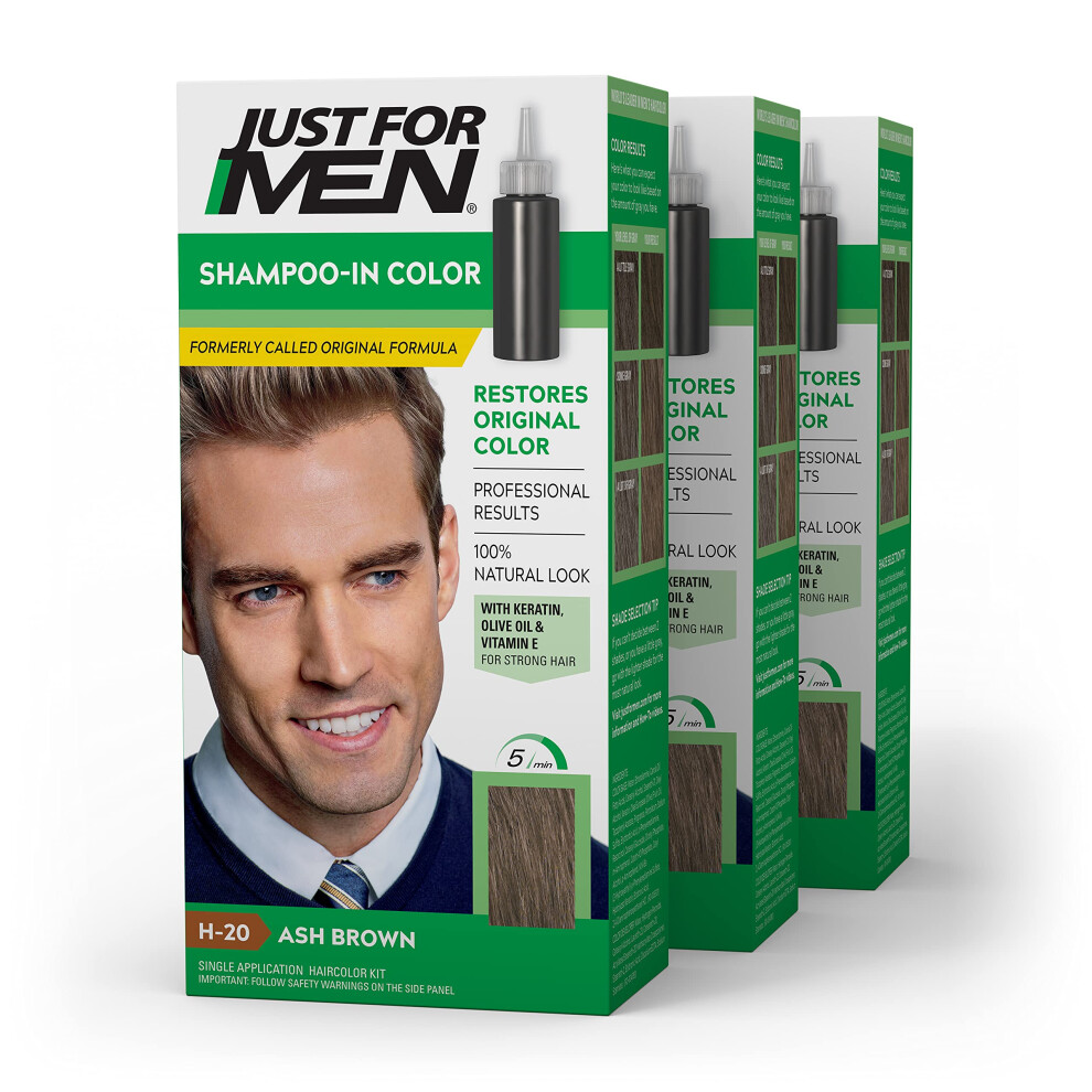 Just For Men Shampoo-In Color Formerly Original Formula  Mens Hair Color with Keratin and Vitamin E for Stronger Hair - Ash Brown  H-20  Pack of 3