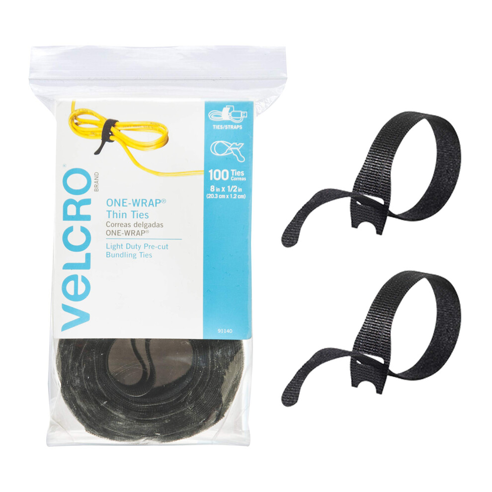 VELCRO Brand ONE-WRAP Cable Ties  100Pk  8 x 1/2 Black Cord Organization Straps  Thin Pre-Cut Design  Wire Management for Organizing Home  Office and