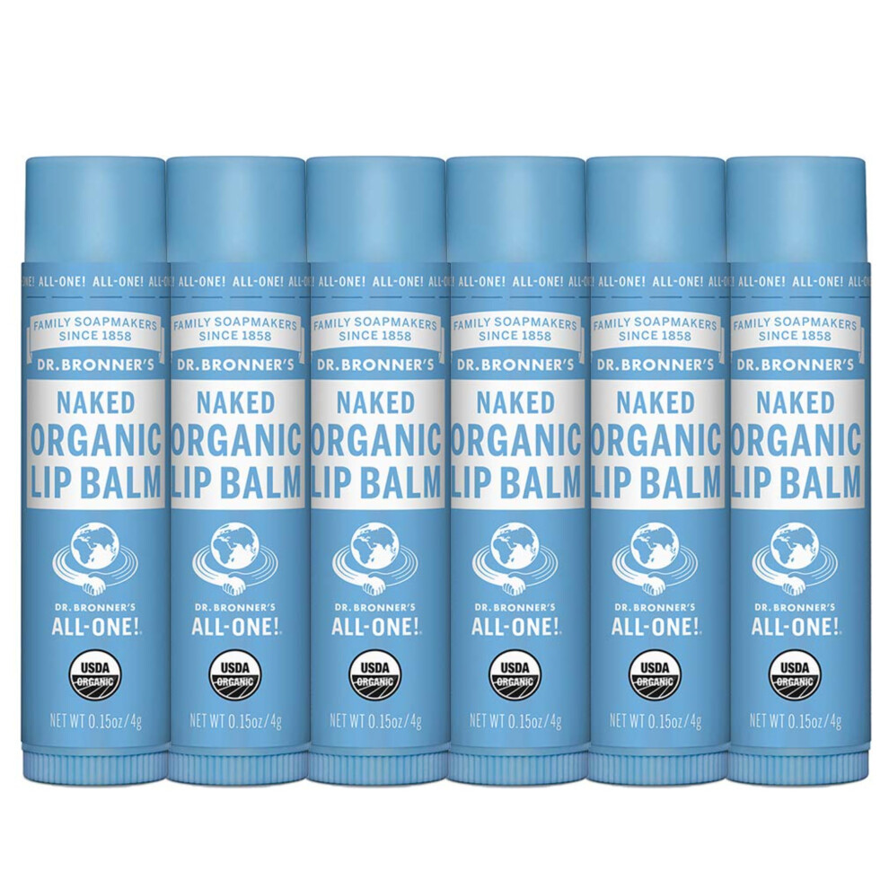 Dr. Bronner's - Organic Lip Balm Naked  .15 ounce  6-Pack - Unscented  Made with Organic Beeswax & Avocado Oil  For Dry Lips  Hands  Chin or Cheeks