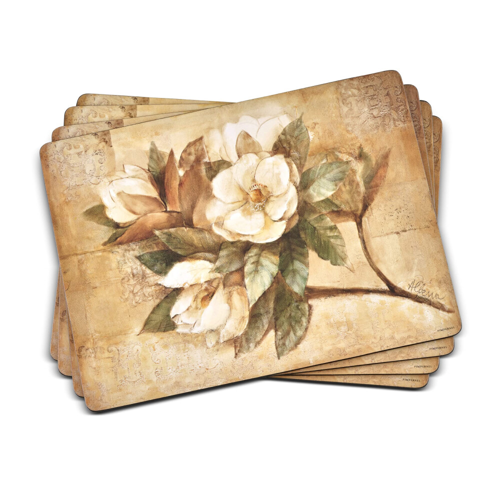 Pimpernel Sugar Magnolia Collection Placemats | Set of 4 | Heat Resistant Mats | Cork-Backed Board | Hard Placemat Set for Dining Table | Measures 15.