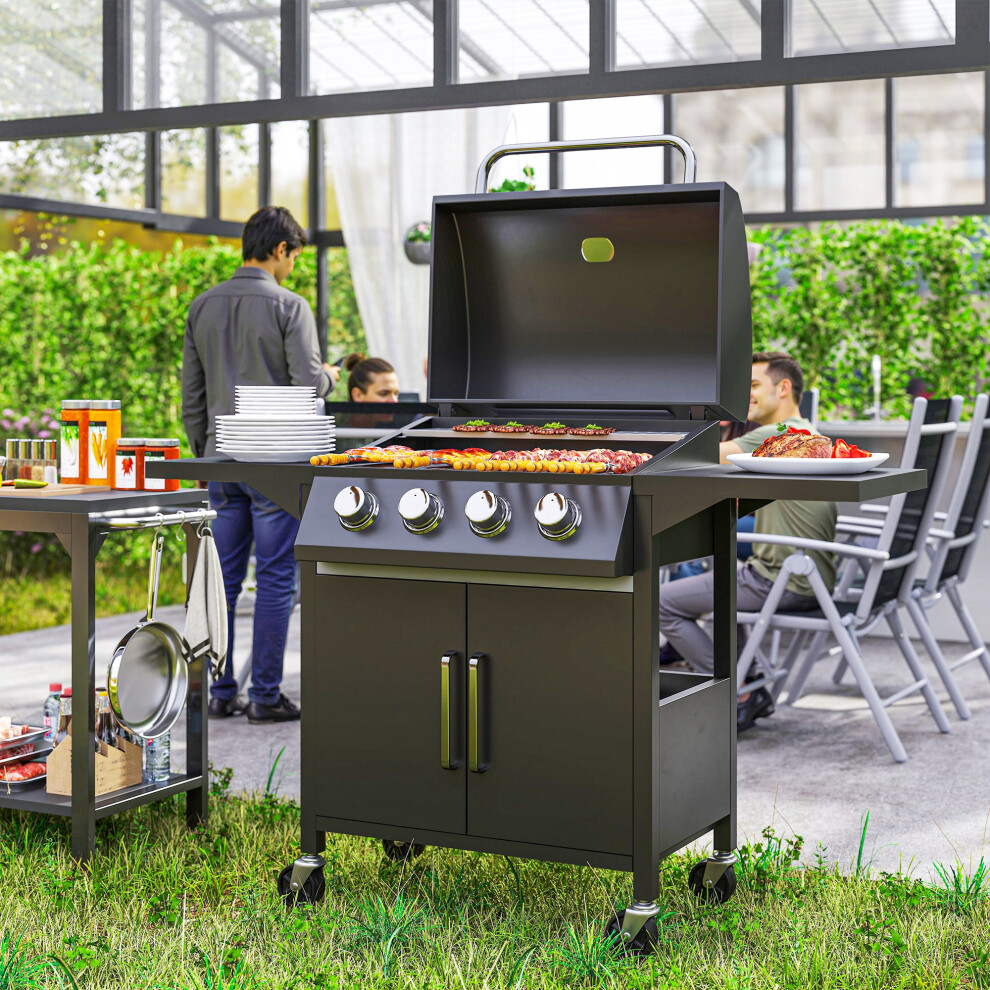 Outsunny 4 Burner Gas Grill Portable BBQ Trolley w/ 4 Wheels and Side Shelves