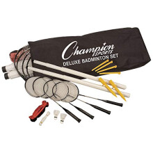 Champion Sports Outdoor Badminton Set: Deluxe Lawn & Party Game Kit Includes 4 Rackets 2 Shuttlecocks Net Poles & Posts Plus Free Carrying Case - Grea