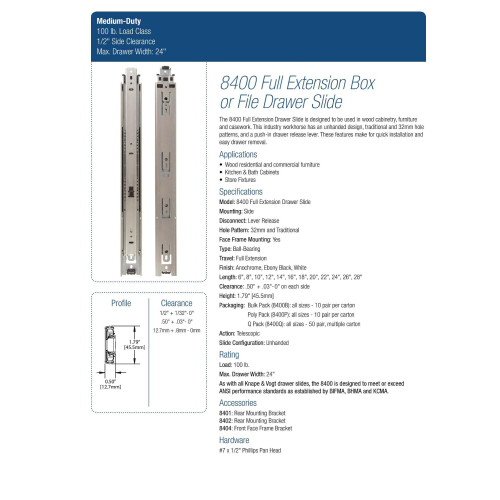 Knape & Vogt Side Mount Full Extension skuffe Slide 22-tommer par 2