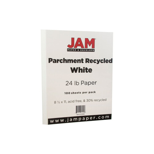 JAM PAPER Περθέντ Πάπυρος 24lb - 90 GSM - 8.5 x 11 - Λευκό Ανακυκλωμένο - 100 Φύλλα/Συσκευασία 1