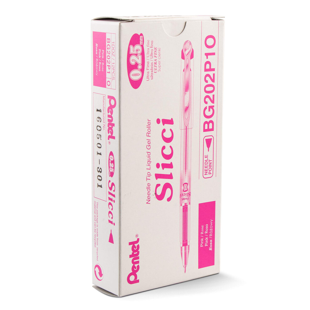 Pentel Arts Slicci 0.25 mm Extra Fine Gel Pen  Pink Ink  Box of 12 BG202-P1