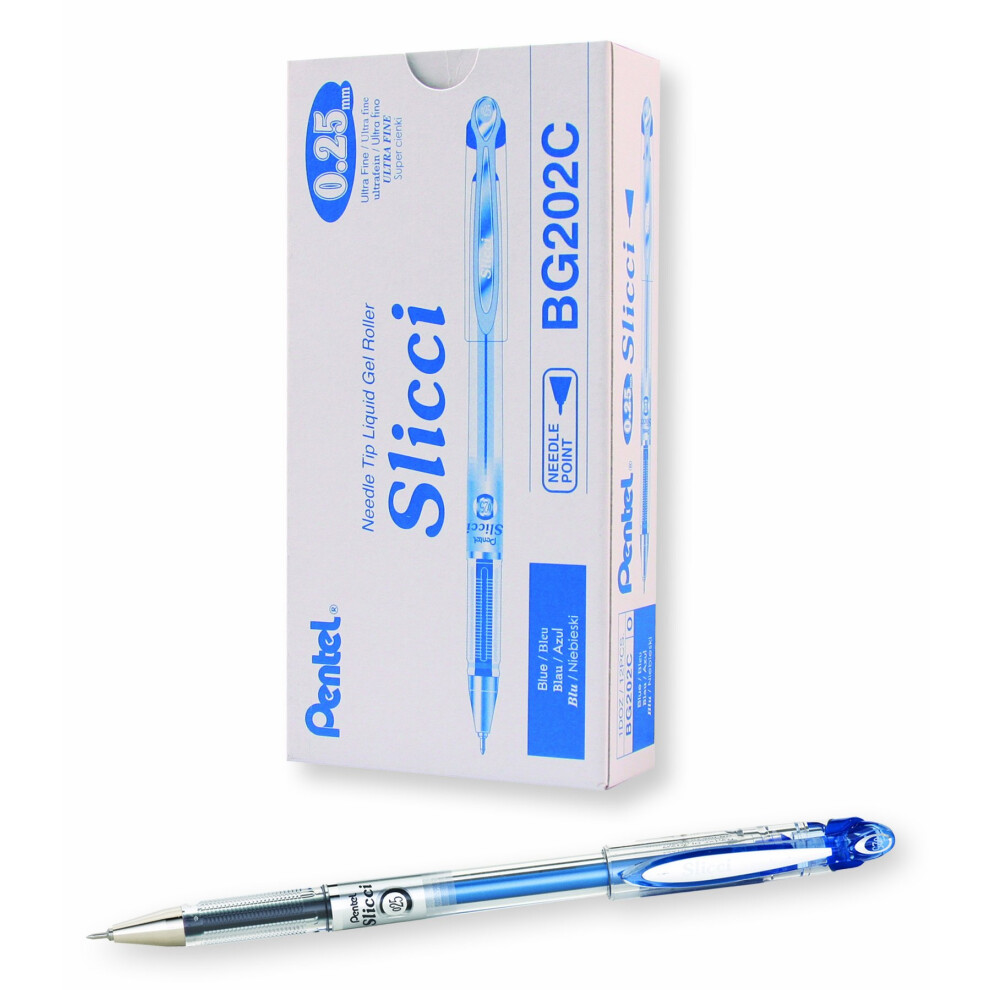 Pentel Arts Slicci 0.25 mm Extra Fine Gel Pen  Blue Ink  Box of 12 BG202-C
