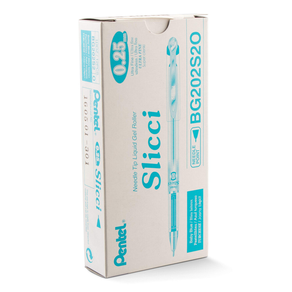Pentel Arts Slicci 0.25 mm Extra Fine Gel Pen  Baby Blue Ink  Box of 12 BG202-S2