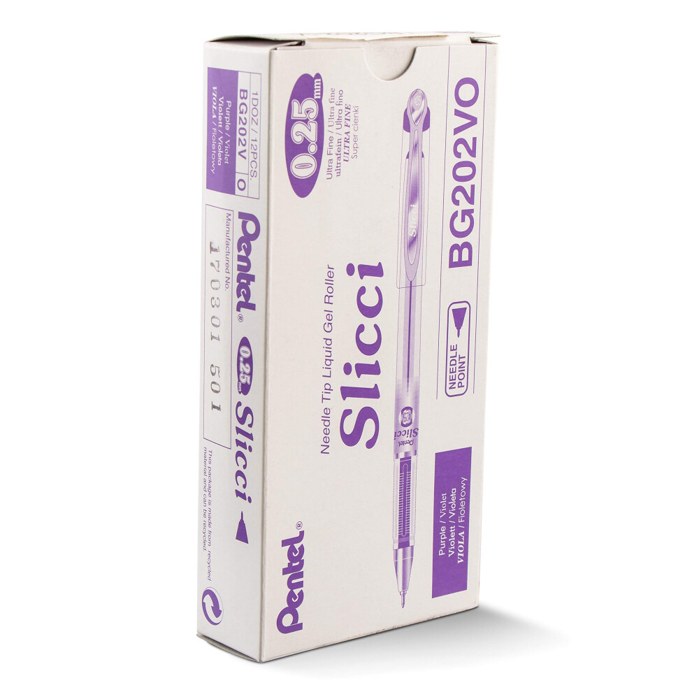Pentel Arts Slicci 0.25 mm Extra Fine Gel Pen  Violet Ink  Box of 12 (BG202-V)
