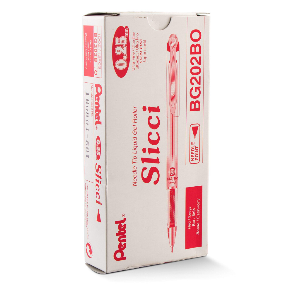 Pentel Arts Slicci 0.25 mm Extra Fine Gel Pen  Red Ink  Box of 12 BG202-B