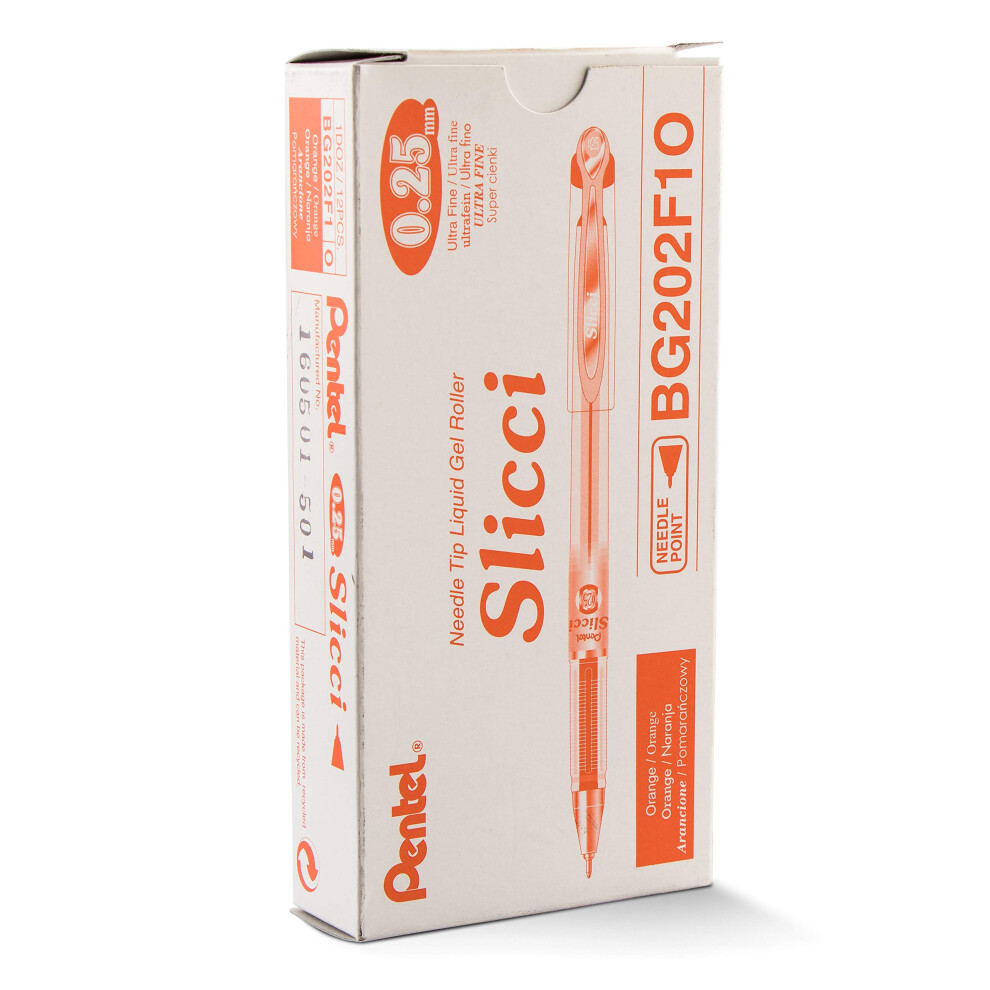 Pentel Arts Slicci 0.25 mm Extra Fine Gel Pen  Orange Ink  Box of 12 BG202-F1