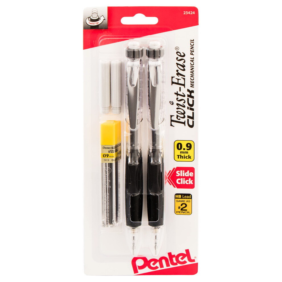 Pentel Twist Erase CLICK? Automatic Pencil with 2 Eraser Refills and Lead  0.9 mm  Assorted Barrels  Color May Vary  2 Pack PD279TLEBP2