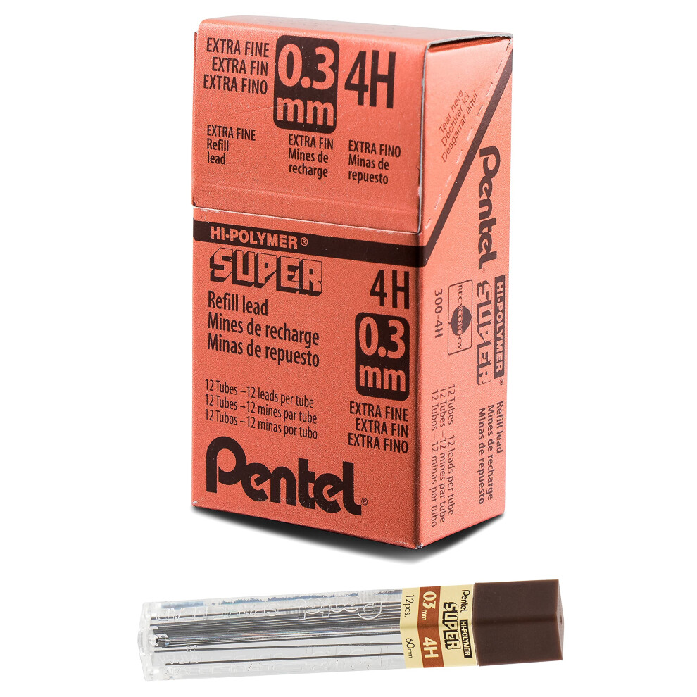 Pentel Super Hi-Polymer Lead  0.3mm  Extra Fine  4H  12 Pieces/Tube  Box of 12 (300-4H)