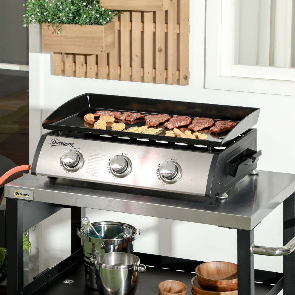 Outsunny Portable Gas Plancha BBQ Grill with 3 Burners, Non-Stick Griddle, Lid