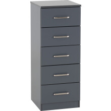 Dakota 5 Drawer Narrow Chest of Drawers Grey Metal Drawer Runners Handles