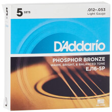 Daddario Guitar Strings - Phosphor Bronze Acoustic Guitar Strings - EJ16-5P - Rich Full Tonal Spectrum - For 6 String Guitars - 12-53 Light 5 -Pa
