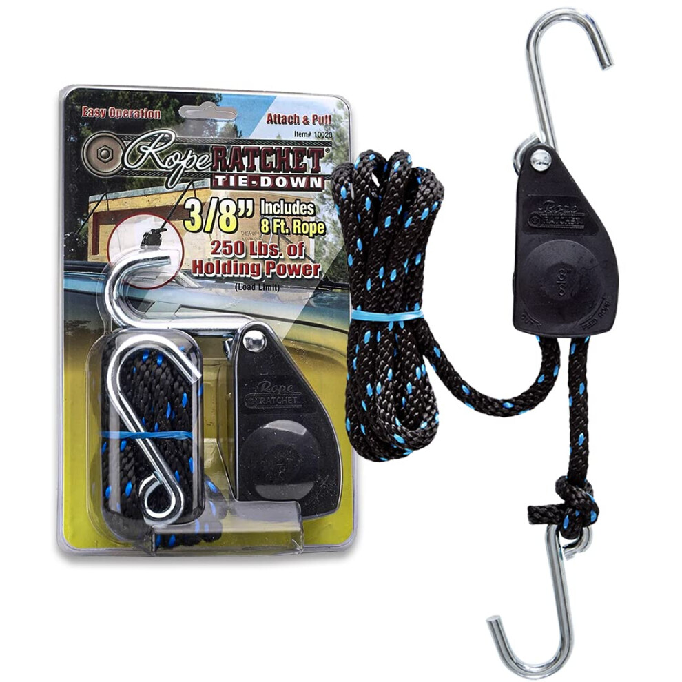 Rope Ratchet - 3/8 Ratchet Tie Down Rope Block & Tackle Pulley System Rope Hoist Hanger Pulley Hoist With Hooks 8' Braided Polypropylene Rope 250 725555100202