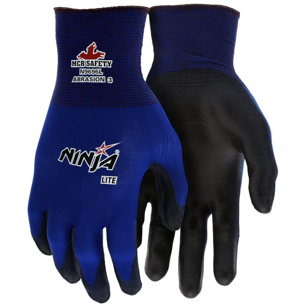 Photos - Safety Equipment MCR Safety Small Ninja Lite 18 Gauge Black Latex Free Polyurethane Palm And Fingertips Coated Work Gloves With Blue Athletic
