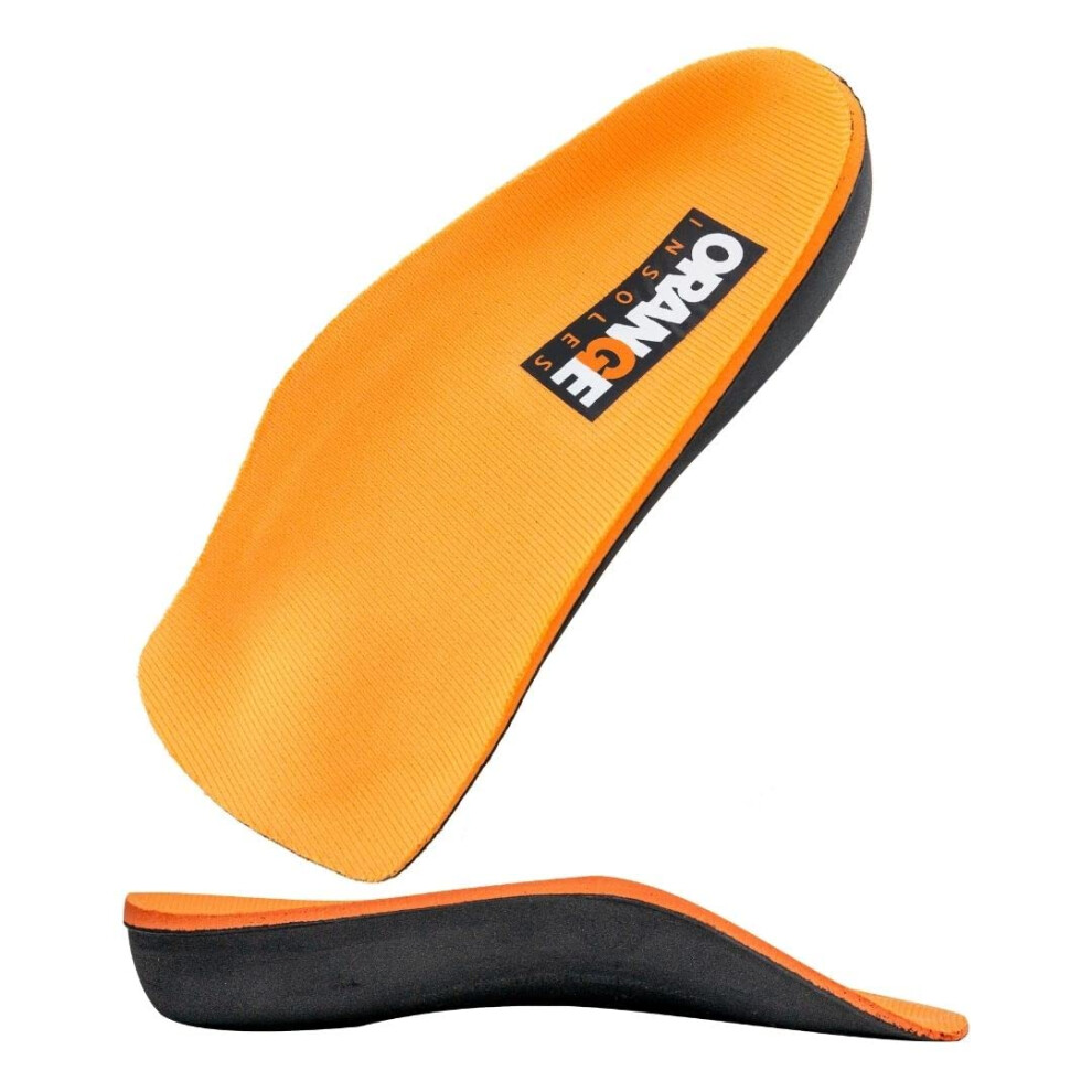 Semelles int   rieures orange H 3/4 pour chaussures pour hommes de 15 ans et plus. Utilise une coque de talon. Arche m   diale profil   e et coussinet