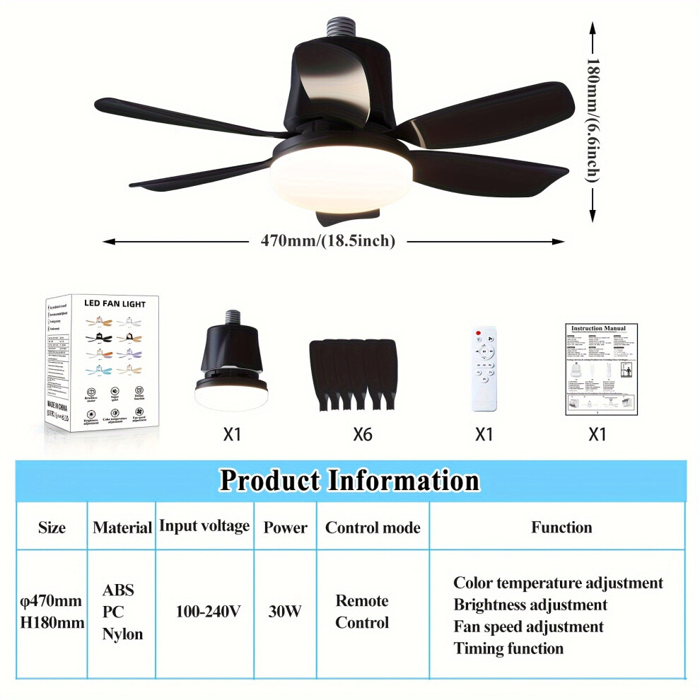 (Black) 1pc Socket Fan Light, 46.99cm Screw Ceiling Fans With Lights And Remote, E26/E27 Base Easy Install Timing Ceiling Fan
