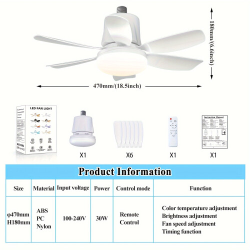 (White) 1pc Socket Fan Light, 46.99cm Screw Ceiling Fans With Lights And Remote, E26/E27 Base Easy Install Timing Ceiling Fan
