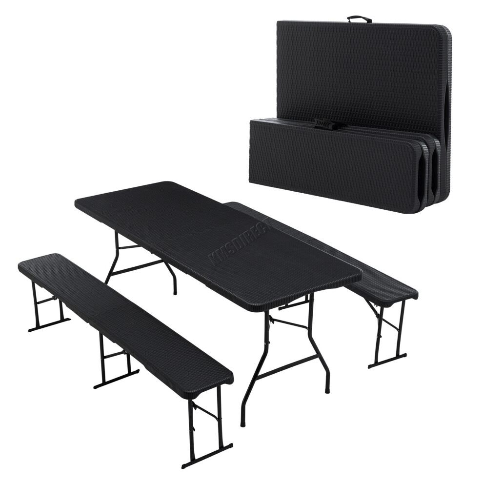 (Black) BIRCHTREE Folding Table / Bench Set 3 Piece Picnic Portable Outdoor Camping BBQ