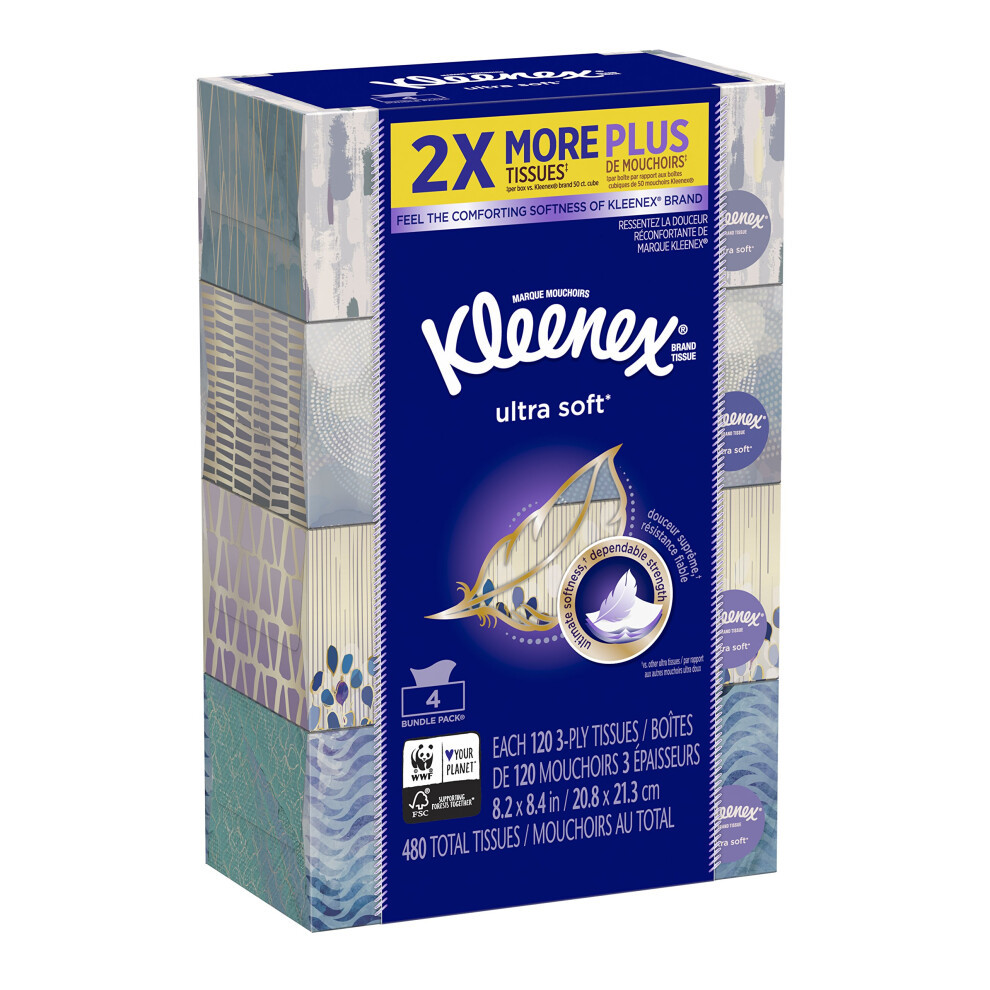 Kleenex White Ultra Soft Facial Tissue Regular Pack Of 4 3 Ply 480 Count Pack Of 4