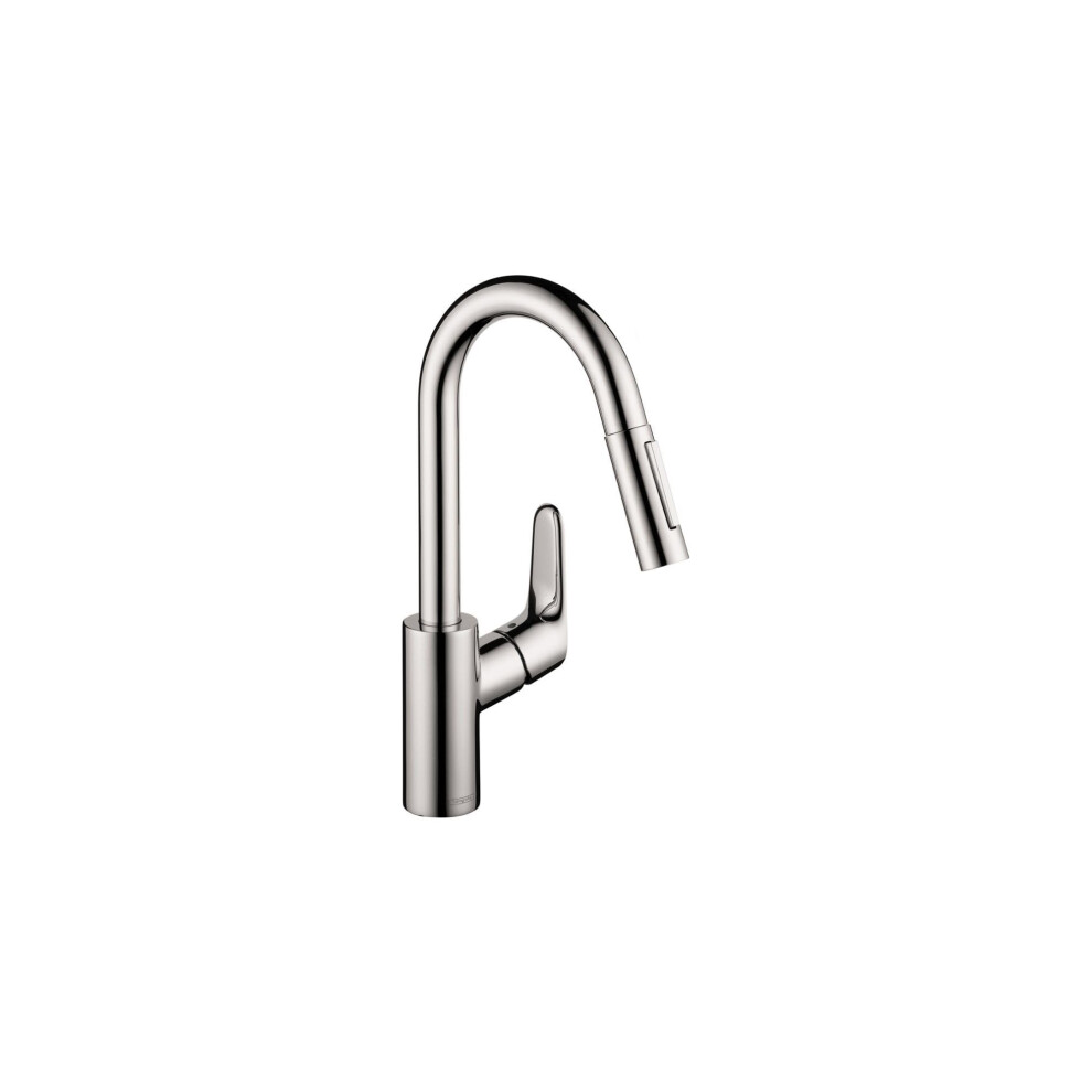 hansgrohe Focus Chrome Bar Kitchen Faucet  Kitchen Faucets with Pull Down Sprayer  Faucet for Kitchen Sink  Magnetic Docking Spray Head  Chrome 045060