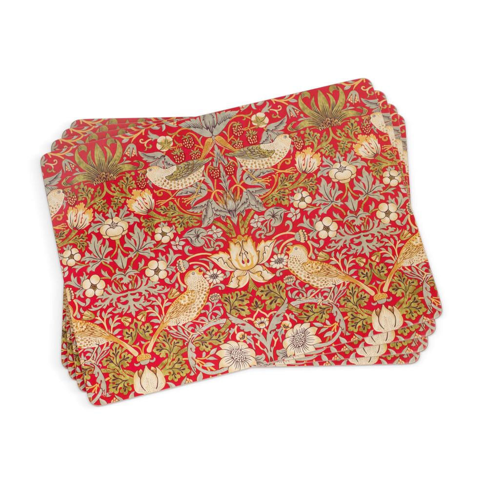 Pimpernel Morris & Co Strawberry Thief Red Collection Placemats | Set of 4 | Heat Resistant Mats | Cork-Backed Board | Hard Placemat Set for Dining Ta