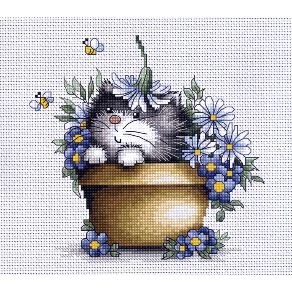 LUCAS-S 1-Piece Kitten with Flowers Counted Cross Stitch Kit