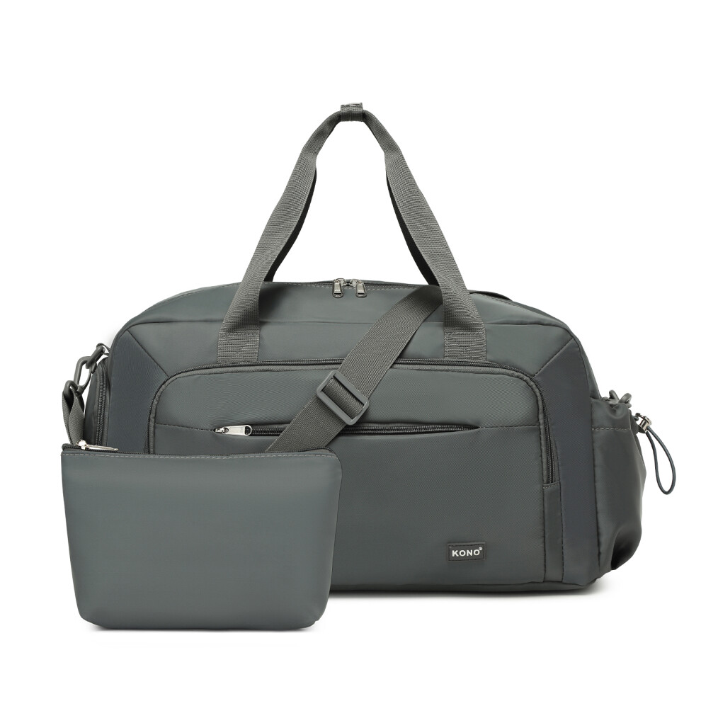 (Grey) Two-Piece Set Multi-Compartment Travel Weekend Bag With Show Compartment And Cosmetic Pouch