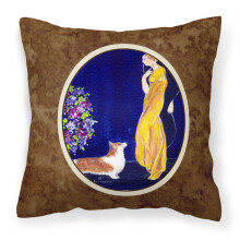 Caroline's Treasures SS8546PW1414 Dekorat vny vank z pl tna s mot vom d my a jej corgi, velk , viacfarebn