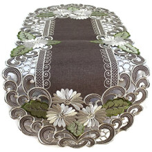 Doily Boutique Table Runner Embroidered with a White Daisy on Brown Burlap Linen Material Size 44 x 15 inches