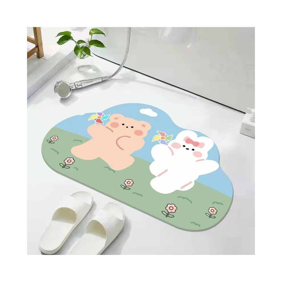 (Bear and rabbit, 60x90cm23.6x35.4in) Cartoon Diatom Mud Cloud Toilet Bathroom Starter Mat Household Toilet Foot Mat