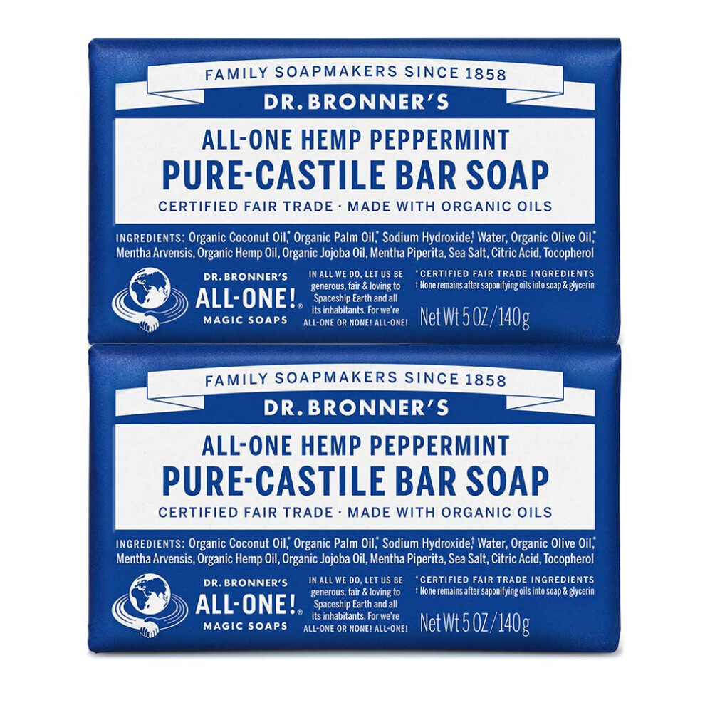 Dr. Bronner's - Pure-Castile Bar Soap Peppermint  5 ounce  2-Pack - Made with Organic Oils  For Face  Body and Hair  Gentle and Moisturizing  Biodegra