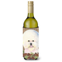 Bichon Frise p? imiteret burlap med fyrrekogler Vinflaske Drikisolator Drikisolator Hugger