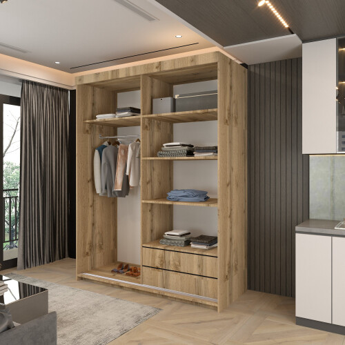 (Votan, 150cm) Havana Double Doors Sliding Mirror Wardrobe 2
