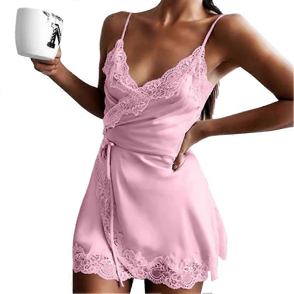 (XL,Pink)Chemise de nuit femme en satin extensible Sous-vêtements en dentelle Pyjama d'intérieur