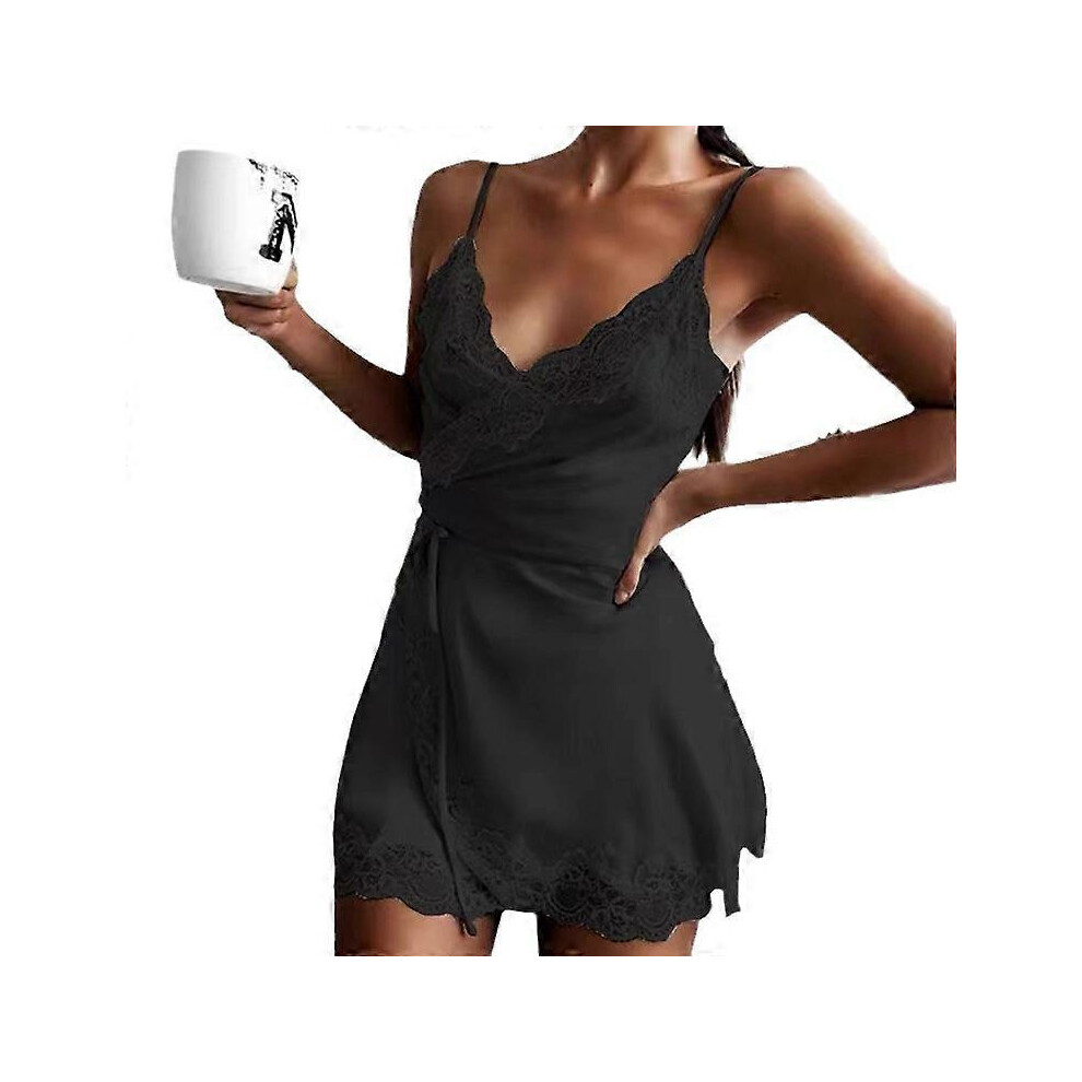 (S,Black)Chemise de nuit Chemise de nuit en satin extensible pour femmes Sous-vêtements en dentelle Pyjamas d'intérieur