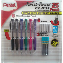 Lápis Automáticos Pentel Twist Erase Click (6) 0.7mm, (6) Borrachas Longas e (3) Tubos de Grafite