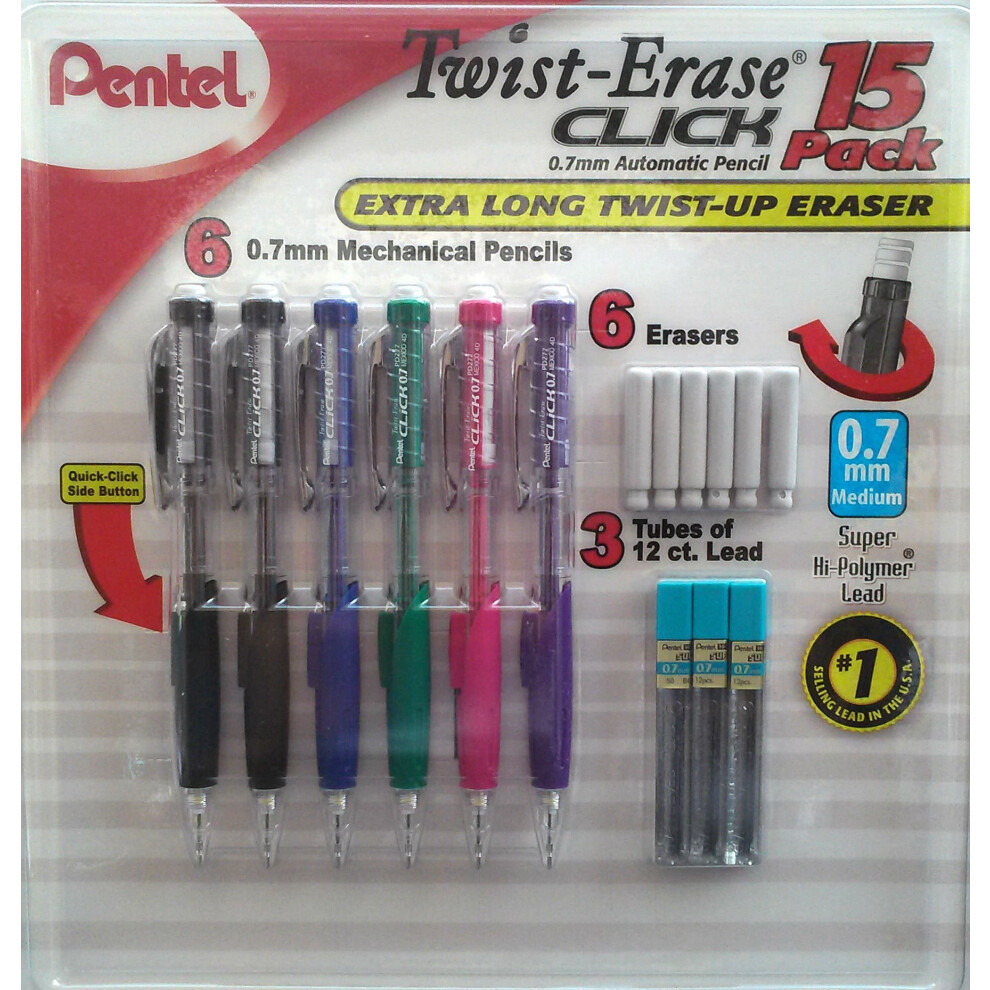 Pentel Twist Erase Click Contains 6 0.7mm Automatic Pencils  6 Extra Long Eraser Refills & 3 Tubes of 12 count lead  1 lb