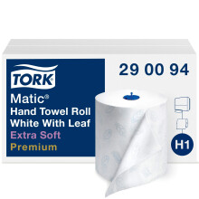 Tork Matic Extraweiche Papierhandtuchrolle, wei   mit blauem Blatt, H1, Premium, hohe Saugf  higkeit, 6 Rollen x 300 Fu  , 290094