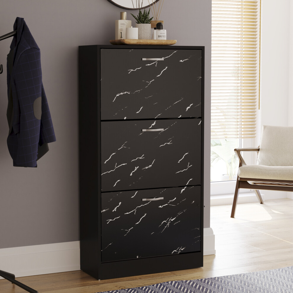 (Black Marble) 3 Drawer Shoe Cabinet Pull Out Hallway Storage