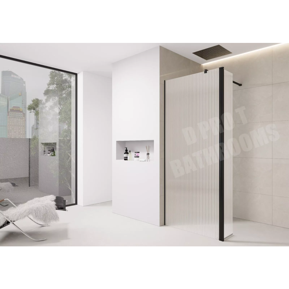 (700mm Screen With 300mm Flipper) Fluted Walk-In Shower Screen 8mm Tempered Easy-Clean Glass with Black Trim