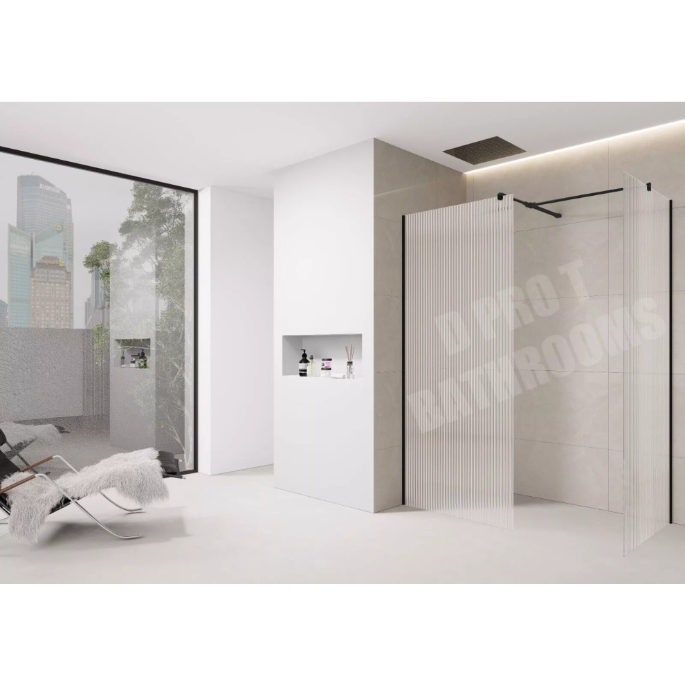 (900Mm Screen With 900Mm End Panel) Fluted Walk-In Shower Screen 8Mm Tempered Easy-Clean Glass With Black Trim 5061088201111