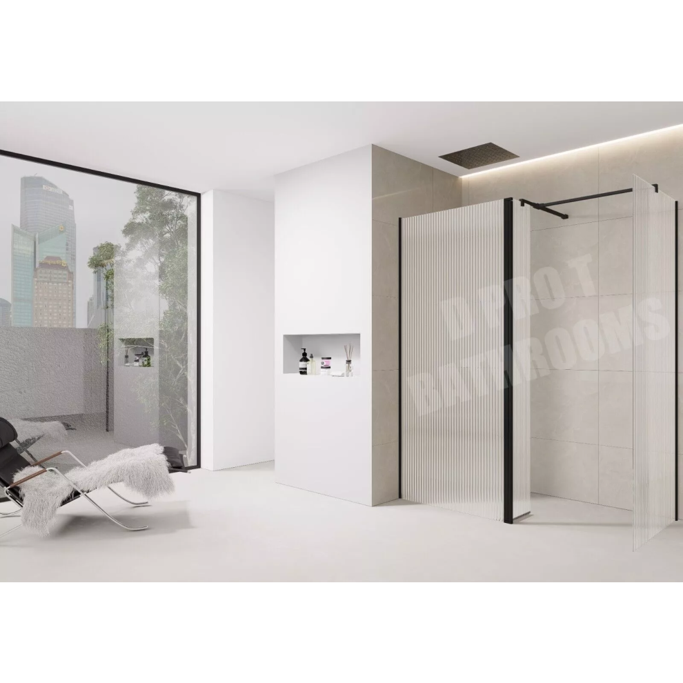 (1400Mm Screen With 700Mm End + Flipper) Fluted Walk-In Shower Screen 8Mm Tempered Easy-Clean Glass With Black Trim 5061088201449
