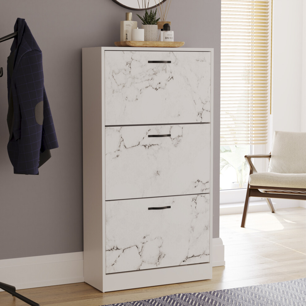 (White Marble) 3 Drawer Shoe Cabinet Pull Out Hallway Storage