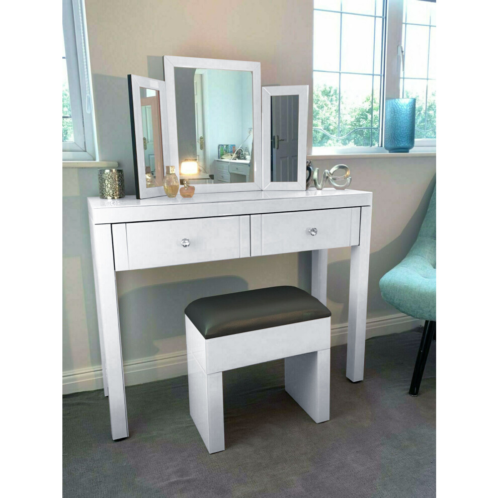 White Mirrored Dressing Table Set with Stool & Table Mirror – High-Shine Glass, Beveled Edges, and Durable MDF Frame