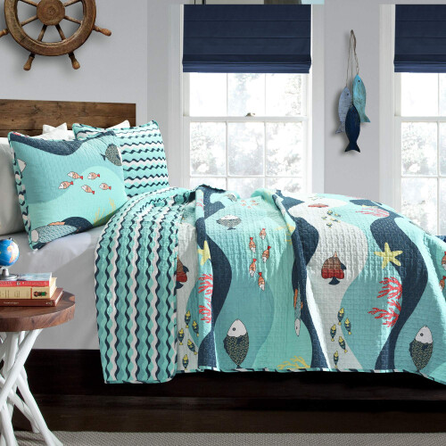 Lush Decor Sea Life Stripe 3 Τεμ. Κουβέρτα Σετ | Θάλασσα Ψάρι Κρεβατοκάμαρας, Full/Queen, Μπλε 1