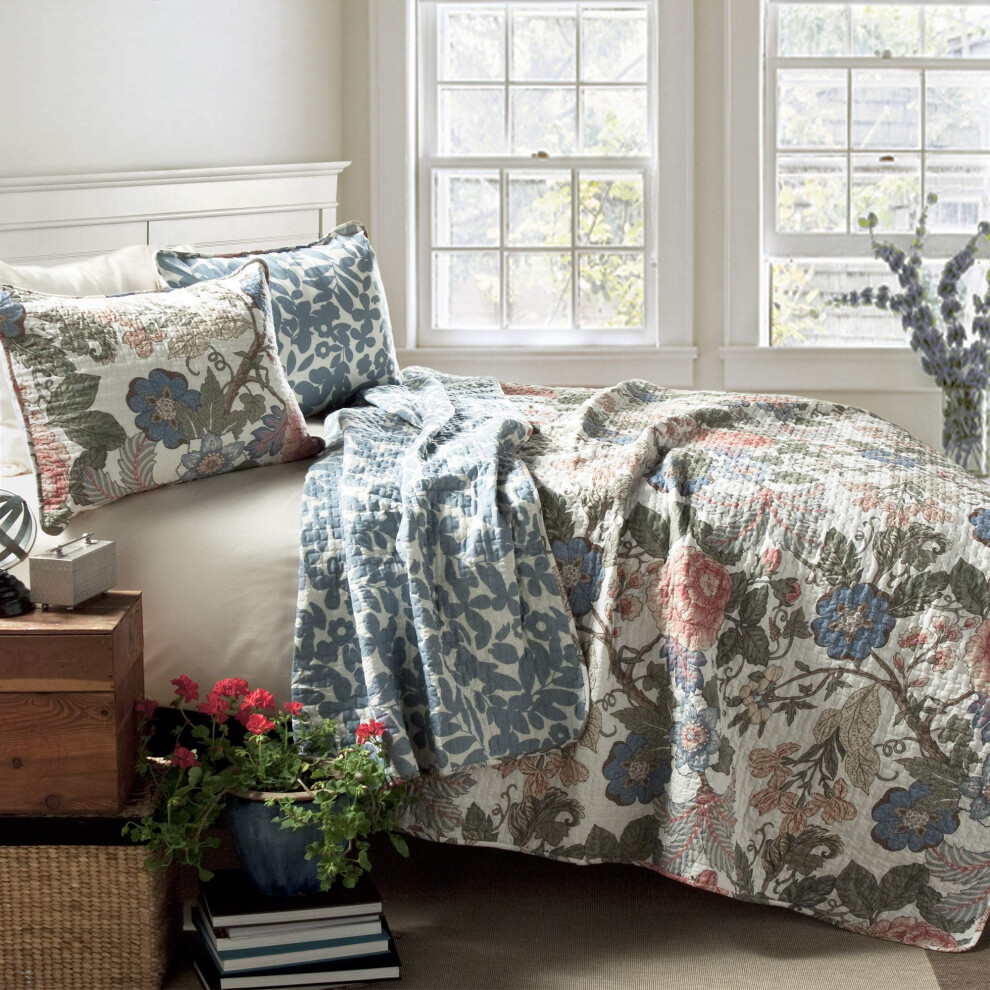 Lush Decor Sydney Floral Leaf 3 Piece Reversible Quilt Bedding Set King Green & Blue