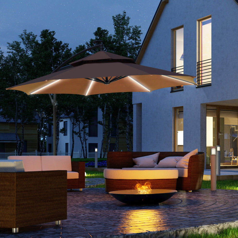 Outsunny 3(M) Cantilever Parasol Hanging Banana Umbrella W/ Lights, Coffee